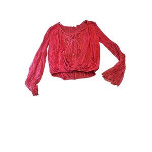 Free People Red Sheer Lace Polka Dot Crop Blouse With Bell Sleeves Size M